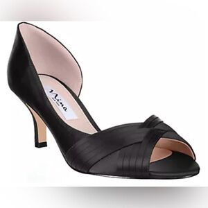 Nina black satin mid-heel open toe d’Orsay shoes. NWOT